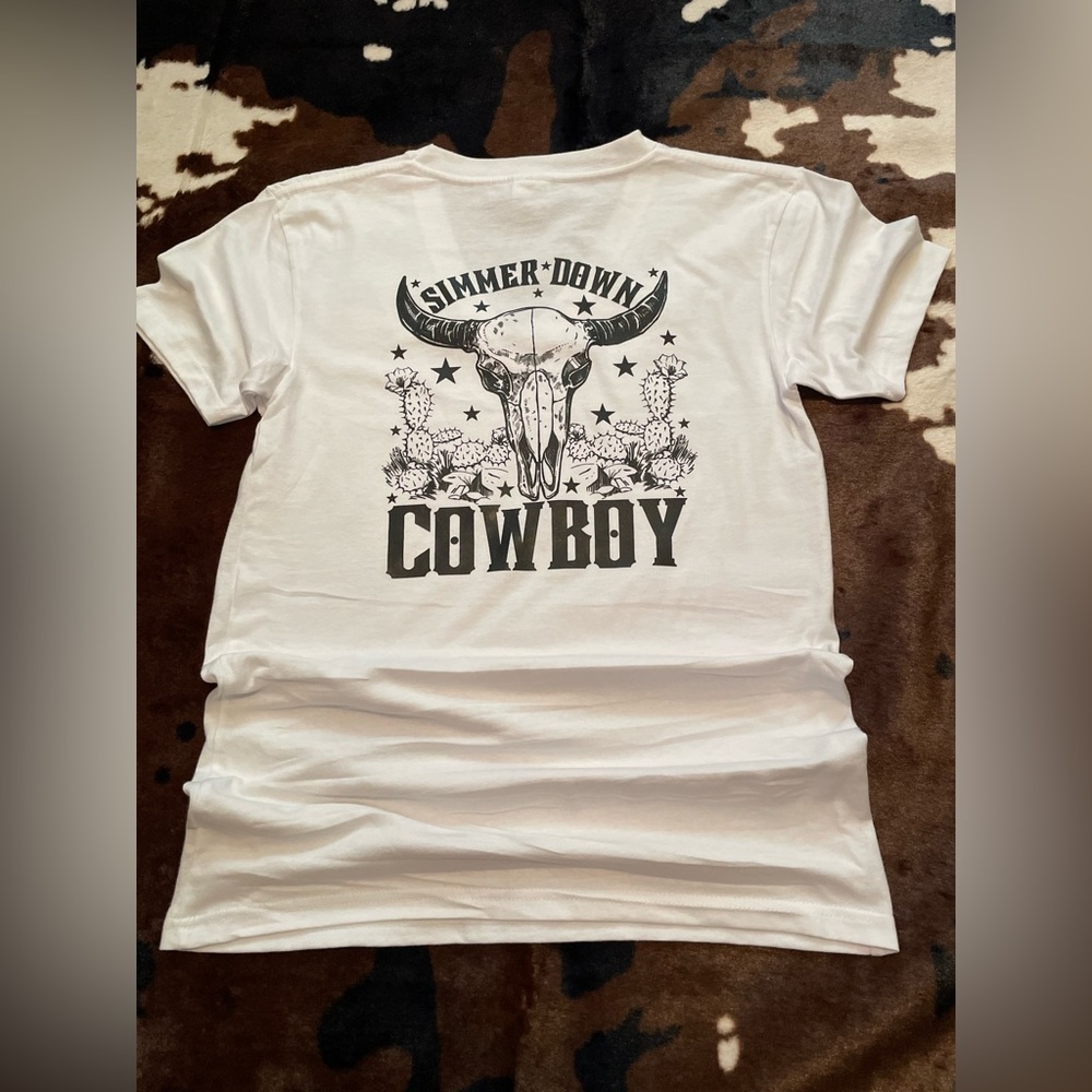 White V-Neck “Simmer Down Cowboy” Tee!